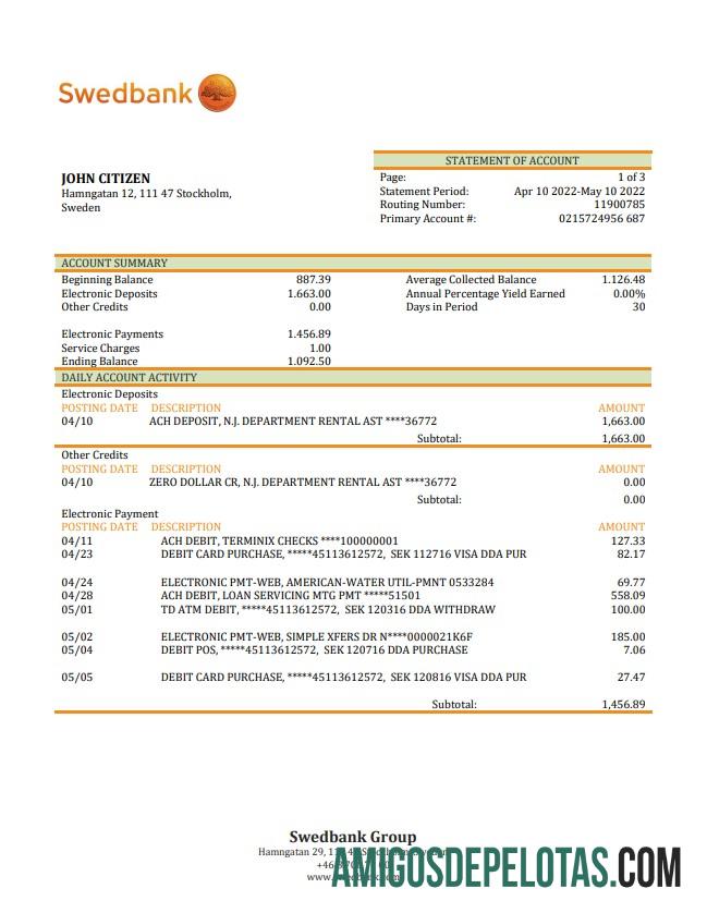 Sweden Swedbank modelo de extrato bancário
